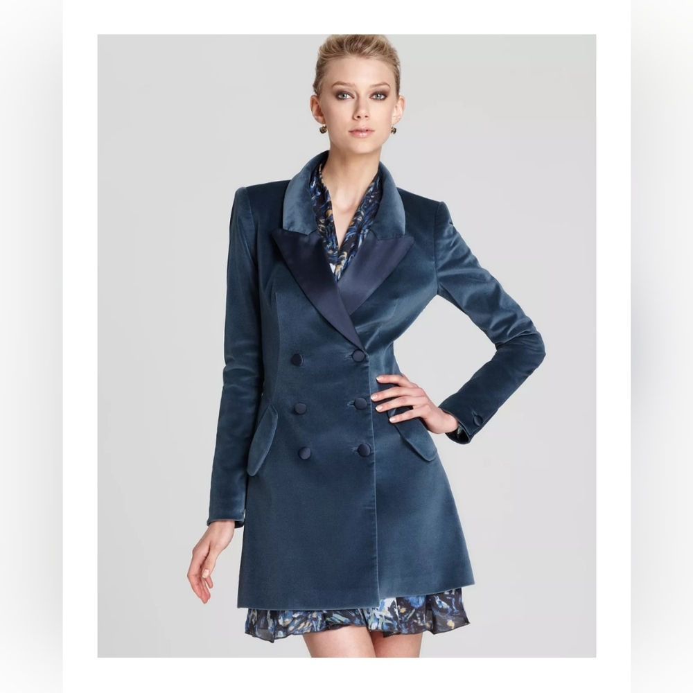 CAMERON II VELVET TUXEDO JACKET MUTED TEAL BLUE DESIGNED BY RACHEL ZOE~SZ 8 $800